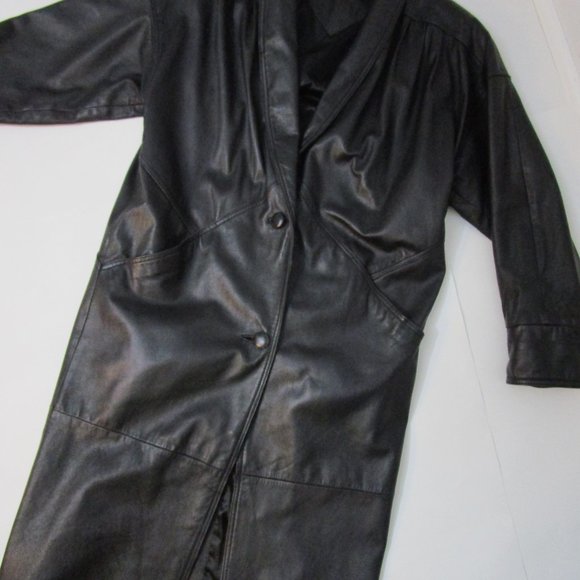 Fierce Black Leather 80s Duster Coat Oversized Wedge Korea Outerwear - Picture 6 of 12